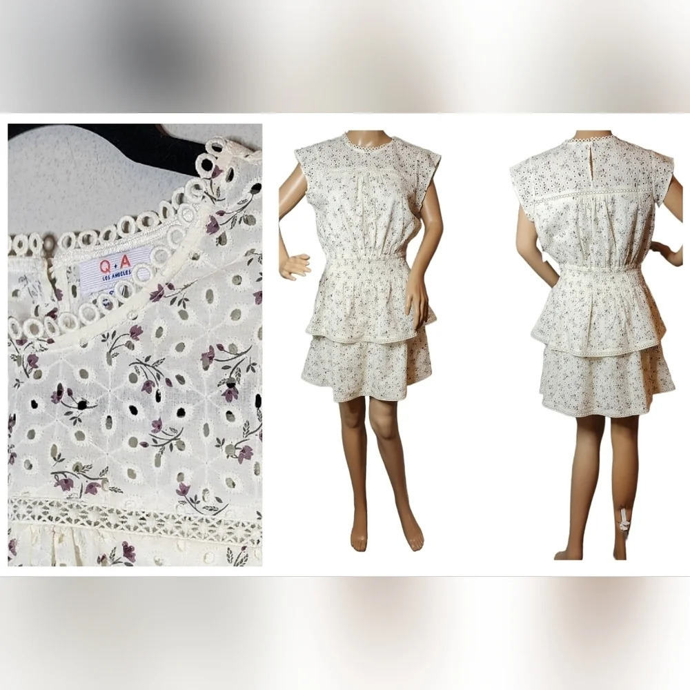 NWT Q+A Los Angeles tiered eyelet smocked floral mini dress.